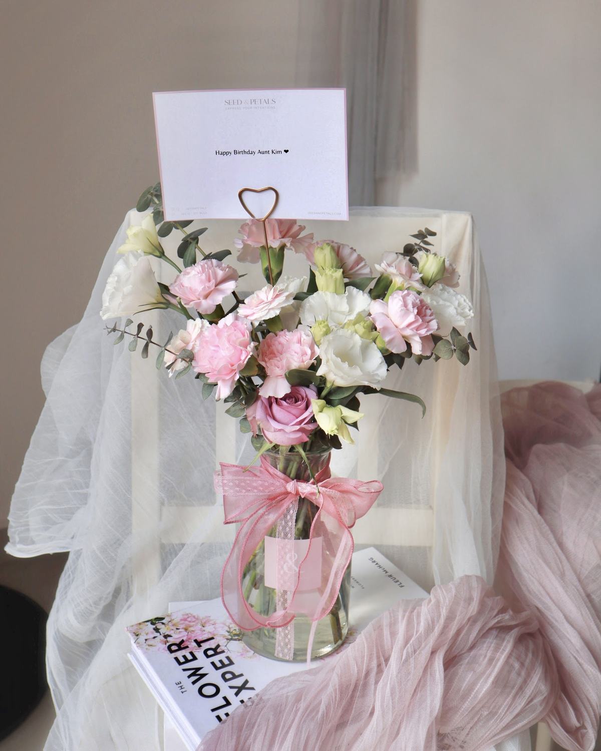 Vase arrangement with Seed & Petals card